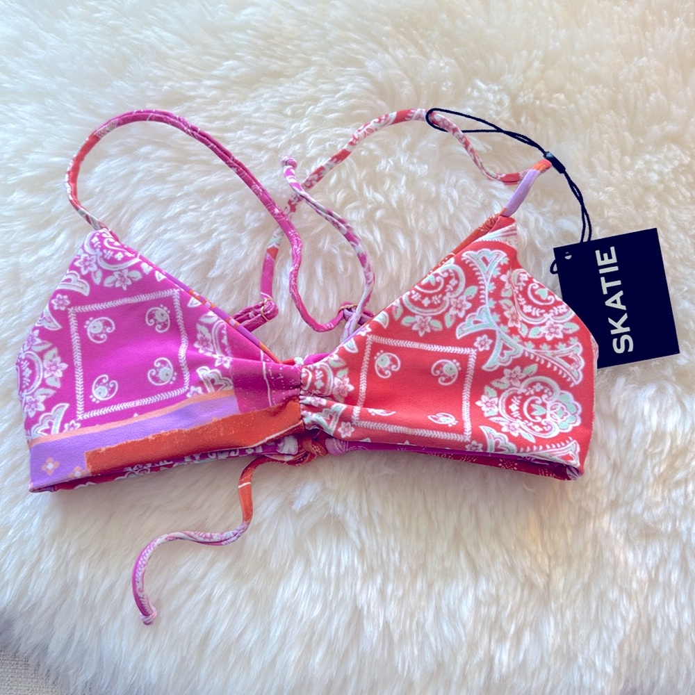NWT Skatie pink orange bandana print Montana bikini top